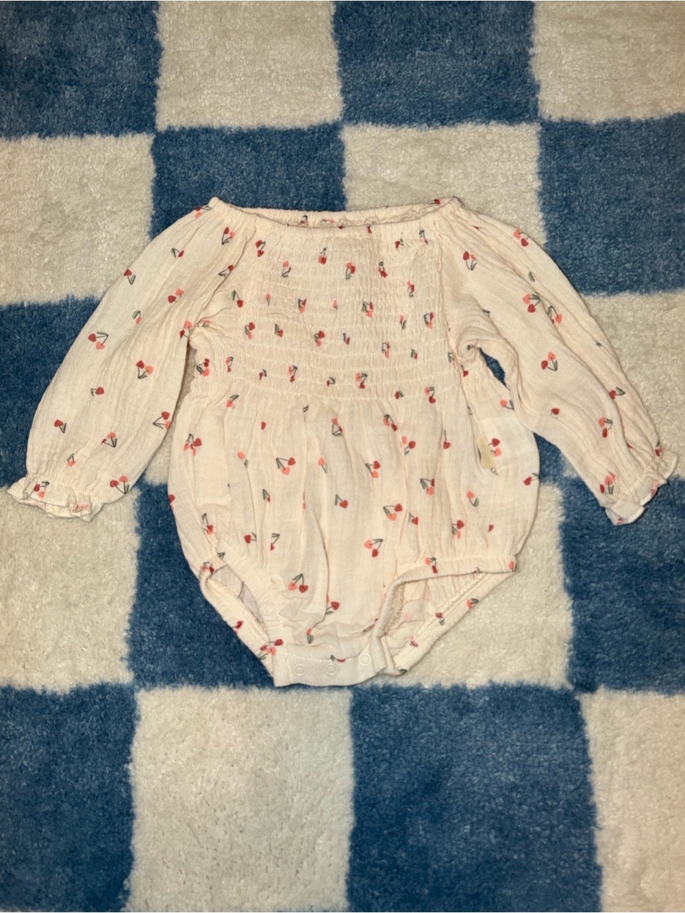 Cream Cherry-Print Long-Sleeve Baby Romper